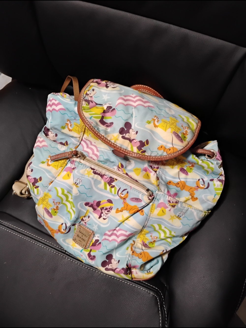 Dooney & Bourke Light Blue Printed Character Backpack with Tan Trim